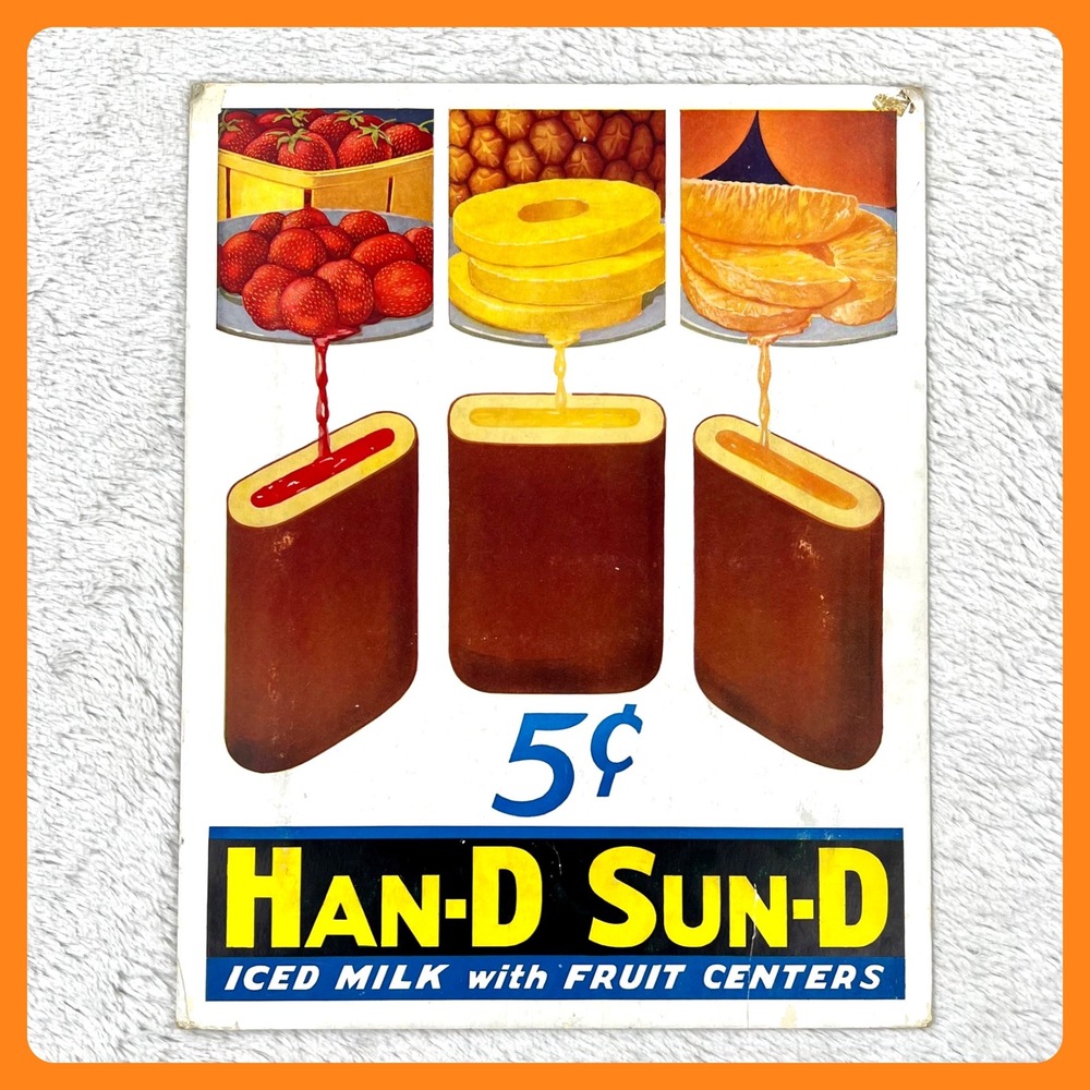 1940s Han-D Sun-D Vintage Advertising Sign 14" Display Ice Cream‎